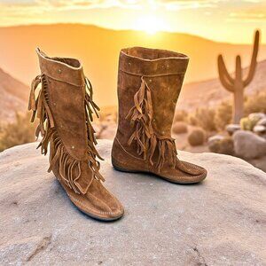 Minnetonka Womens Brown Suede Fringe Studded Moccasins Boots Size 8